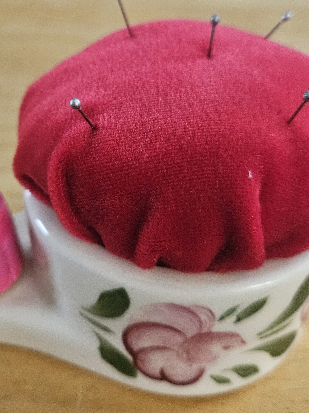 Red Floral Ceramic Pin Cushion - Sewing Accessory German Vintage